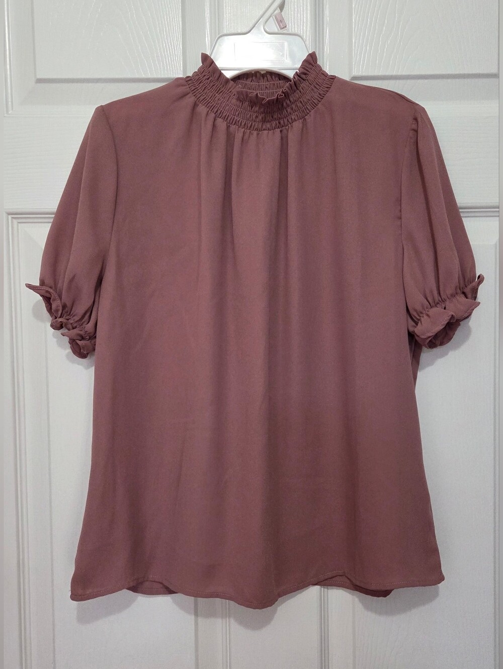SHEIN Privé Frill Trim Mock Neck Puff Sleeve Short Sleeve Pink Blouse Sz Medium - Picture 3 of 10
